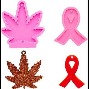 2 PCS Glossy Shiny Tree Maple Leaf Leaves and Cancer Ribbon Keychain Silicone Mo